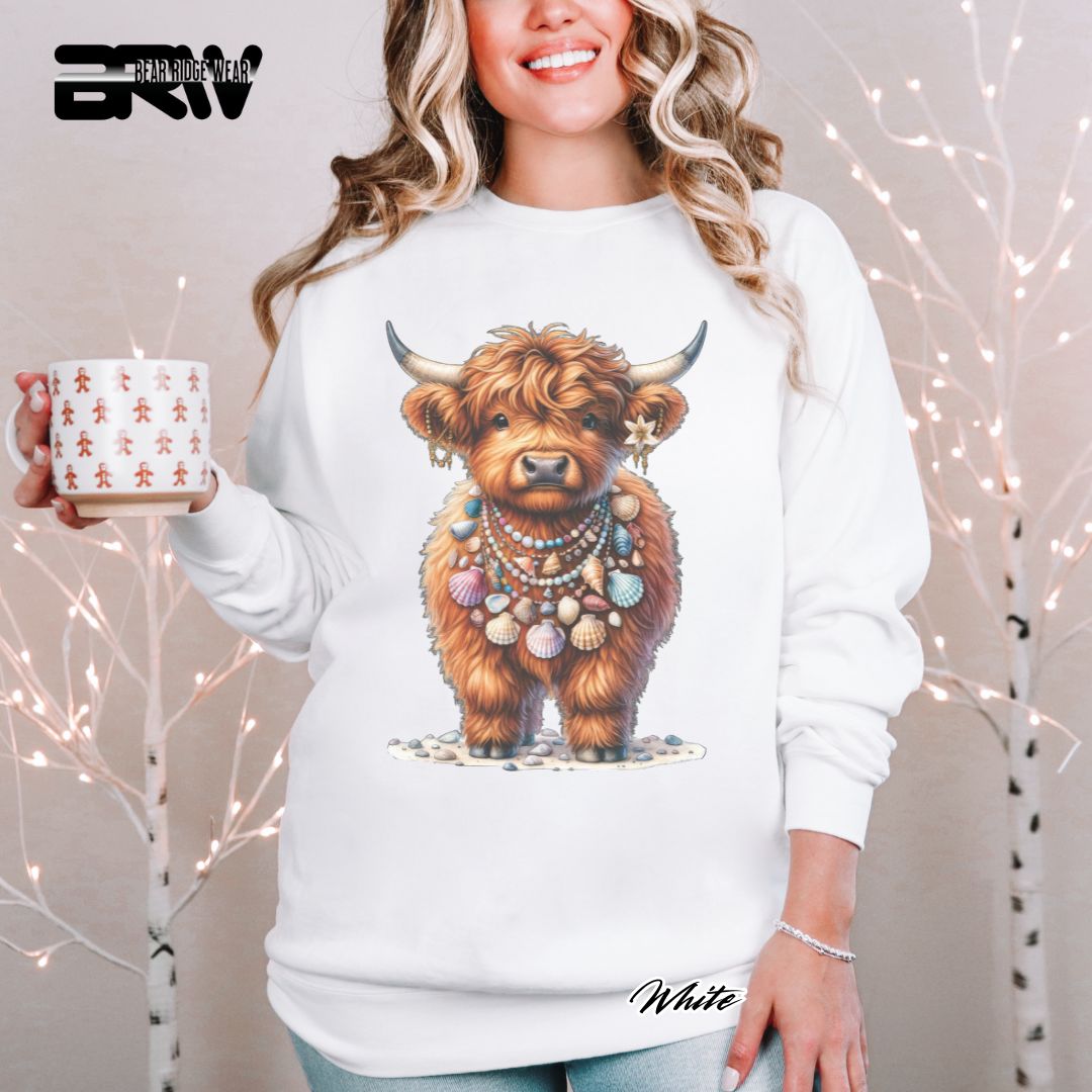 'Highland Cow-Lei-Sea Shells' Summer Long Sleeve Tee