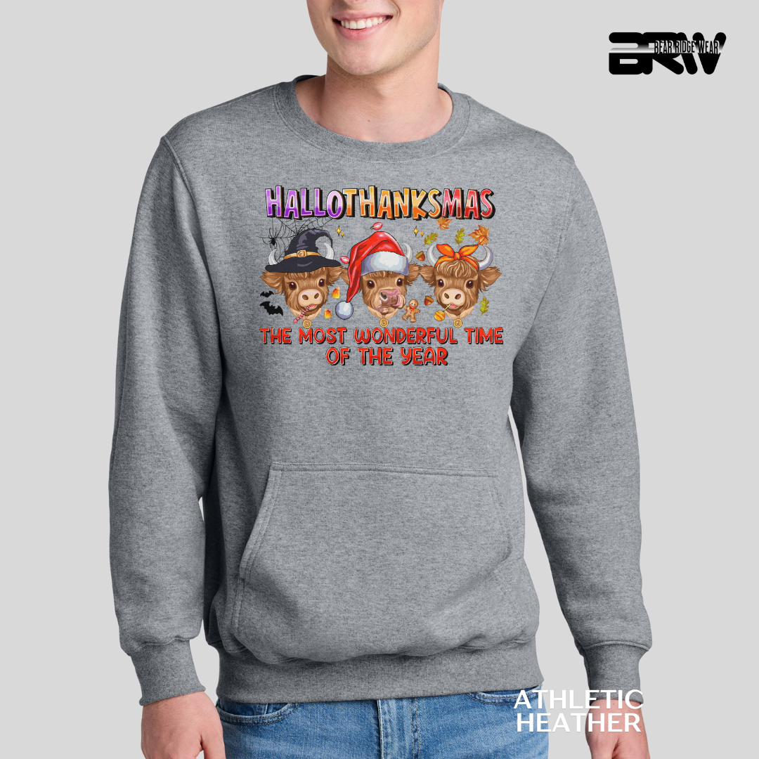 'Hallothanksmas cow' Kangaroo Pocket Fall Crewneck