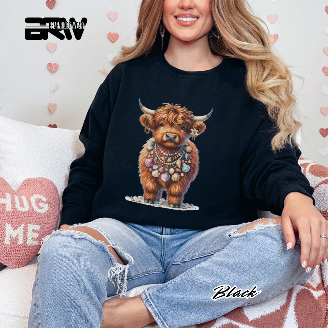 'Highland Cow-Lei-Sea Shells' Summer Long Sleeve Tee