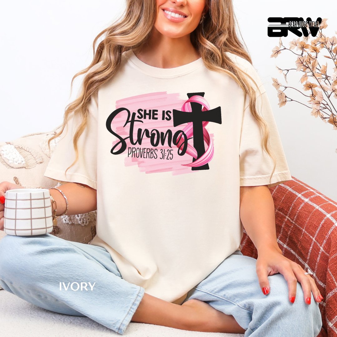 'Breast Cancer She is Strong Proverbs 31:25' Awareness Tee