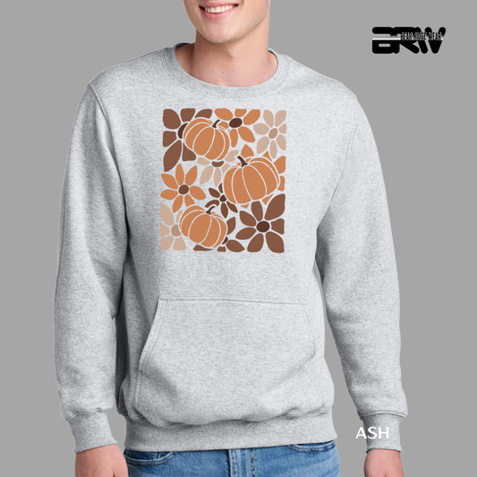 Gray sweatshirt with pumpkin and flower pattern on a gray background
