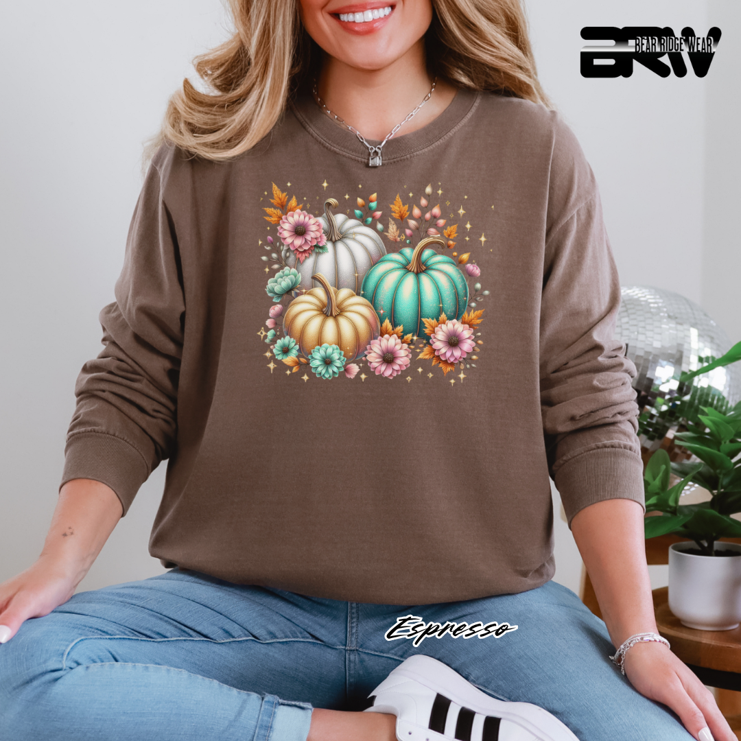 'Floral Shimmering Pumpkin' Fall Long Sleeve Tee