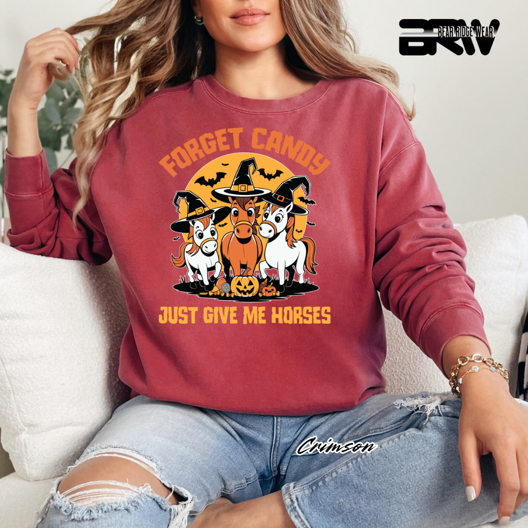 Person wearing a red sweatshirt with Halloween-themed design featuring horses and text.