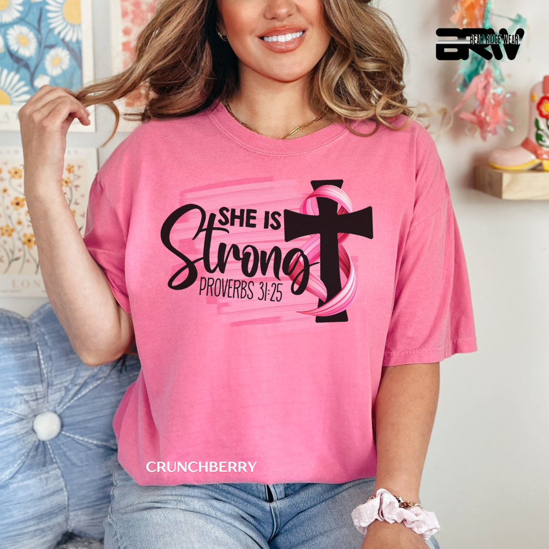 'Breast Cancer She is Strong Proverbs 31:25' Awareness Tee