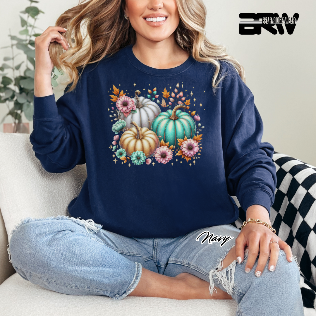 'Floral Shimmering Pumpkin' Fall Long Sleeve Tee