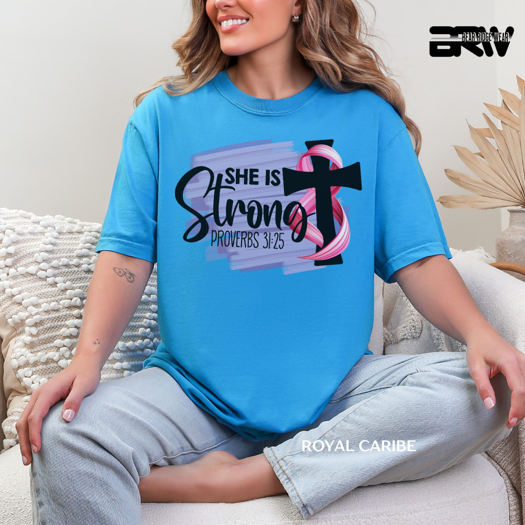 'Breast Cancer She is Strong Proverbs 31:25' Awareness Tee