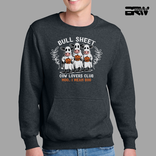Dark gray sweatshirt with 'Bull Sheet Cow Lovers Club' design featuring cartoon cows in Halloween costumes on a gray background.
