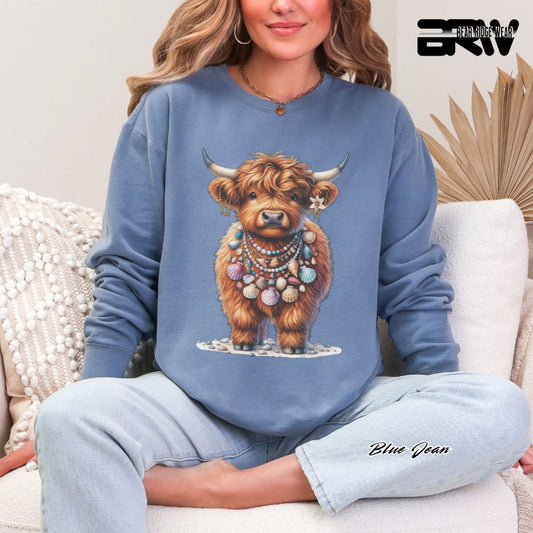 'Highland Cow-Lei-Sea Shells' Summer Long Sleeve Tee