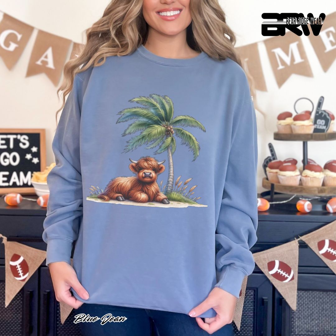 'Highland Cow-Palm Tree' Summer Long Sleeve Tee