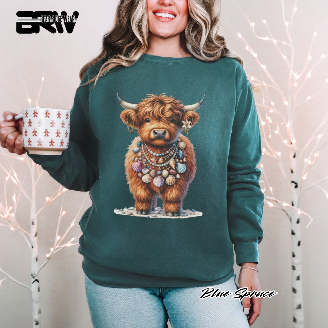 'Highland Cow-Lei-Sea Shells' Summer Long Sleeve Tee