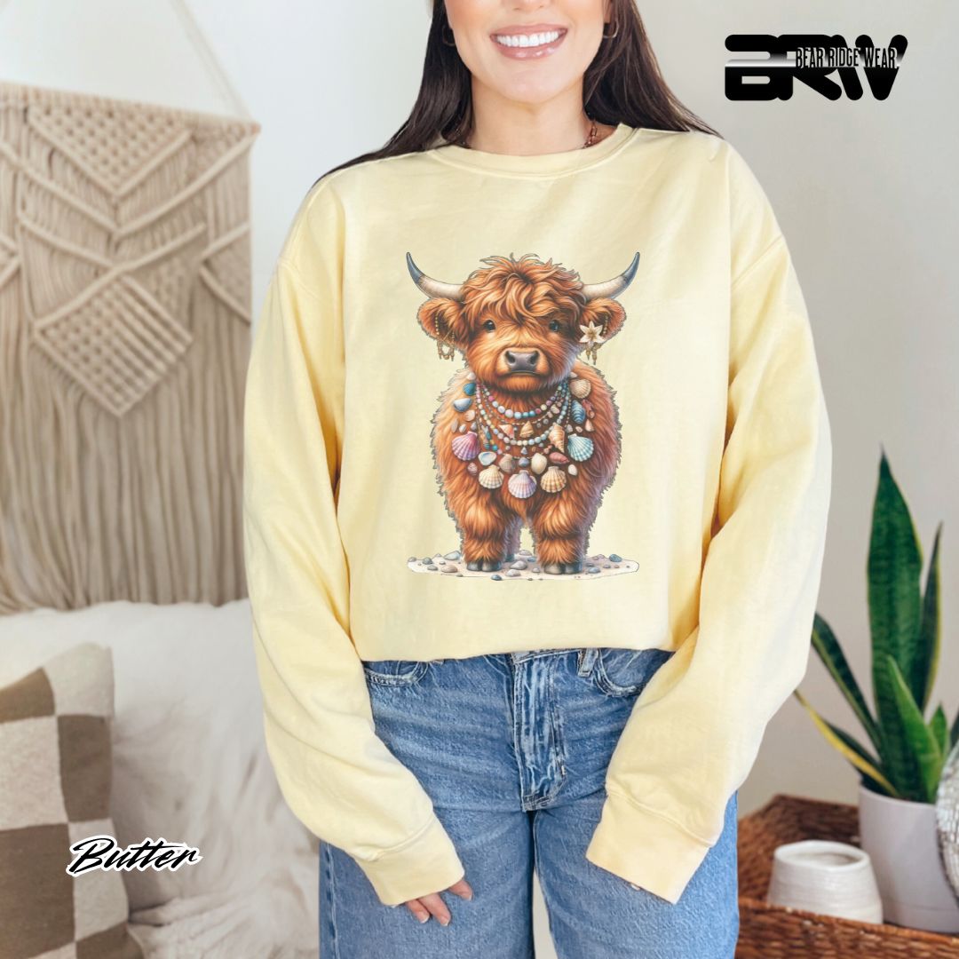 'Highland Cow-Lei-Sea Shells' Summer Long Sleeve Tee