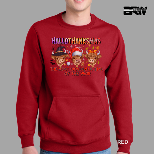 Red sweatshirt with Christmas-themed design featuring cartoon cows and text on a gray background.