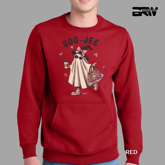 Red sweatshirt with cartoon character and 'BOO-JEE' text on a gray background