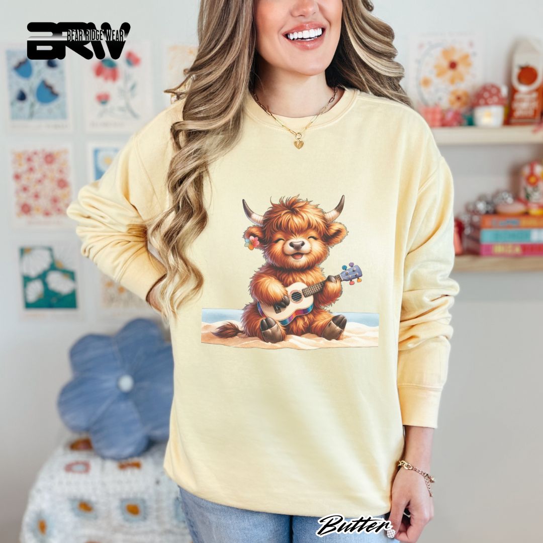 'Highland Cow-Beach-Guitar' Summer Long Sleeve Tee