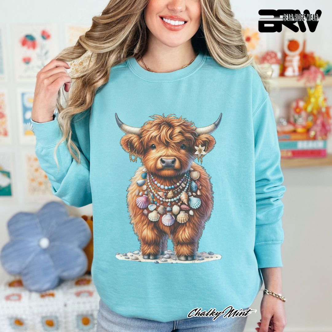 'Highland Cow-Lei-Sea Shells' Summer Long Sleeve Tee