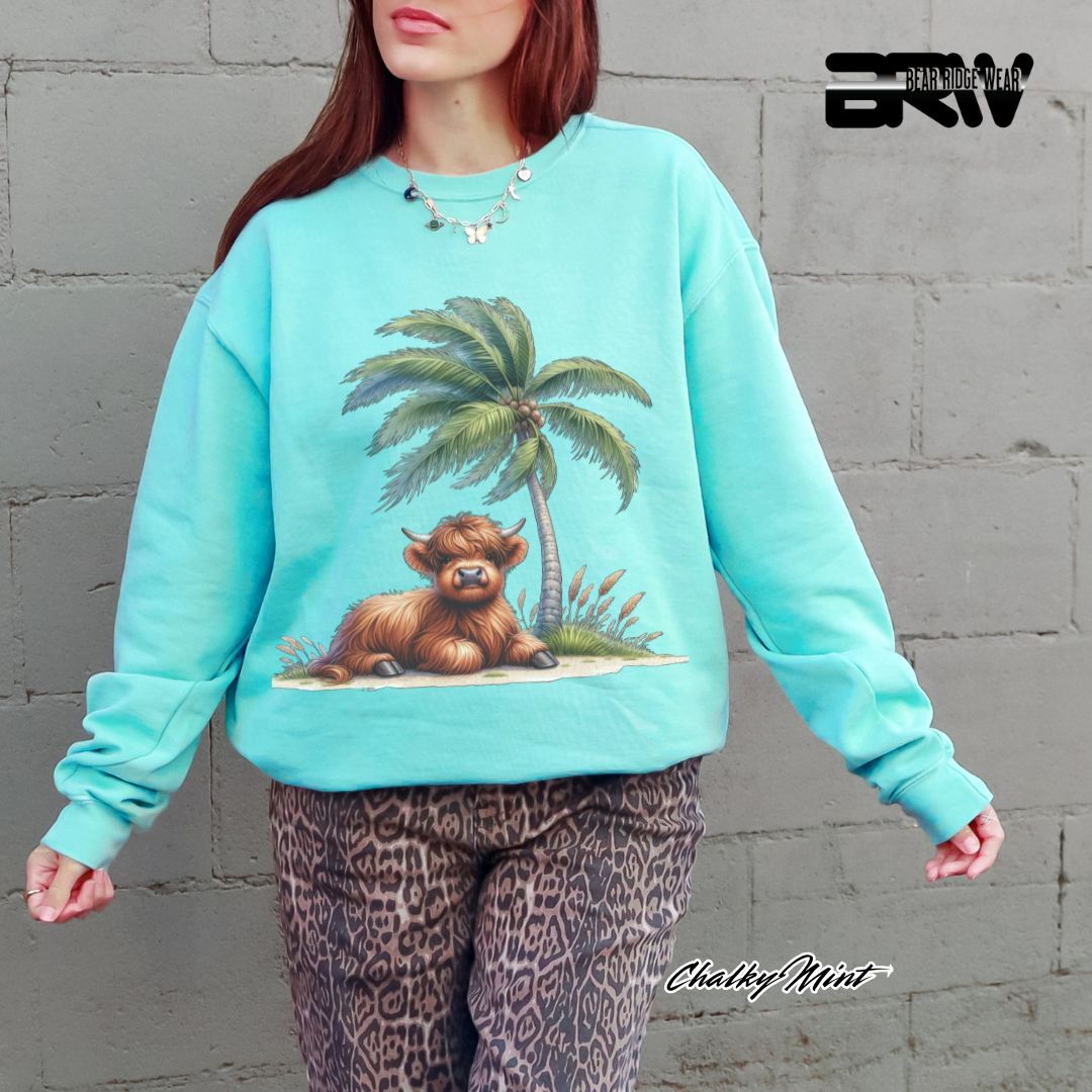 'Highland Cow-Palm Tree' Summer Long Sleeve Tee