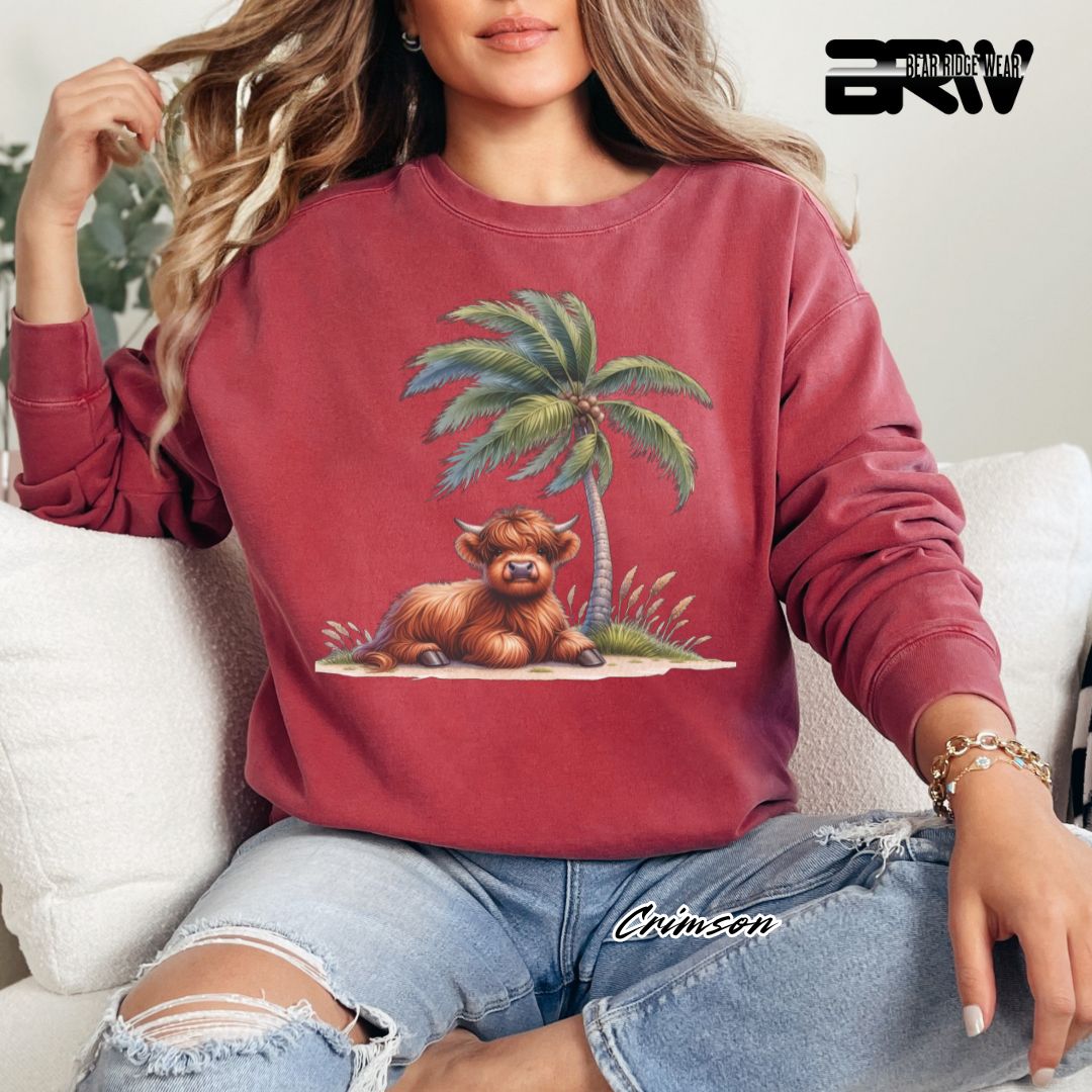 'Highland Cow-Palm Tree' Summer Long Sleeve Tee