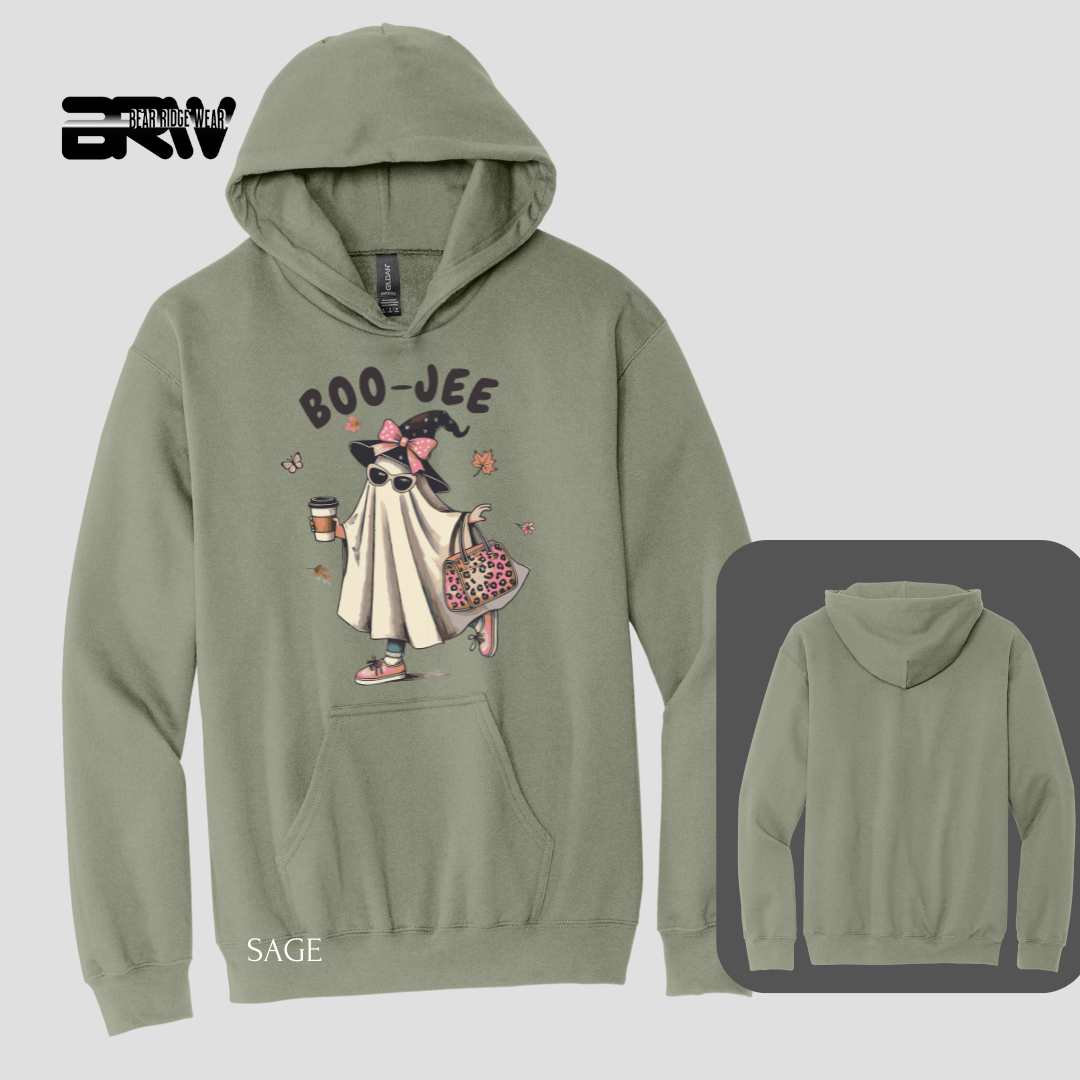 Sage green hoodie with cartoon character and 'BOO-JEE' text on a light gray background