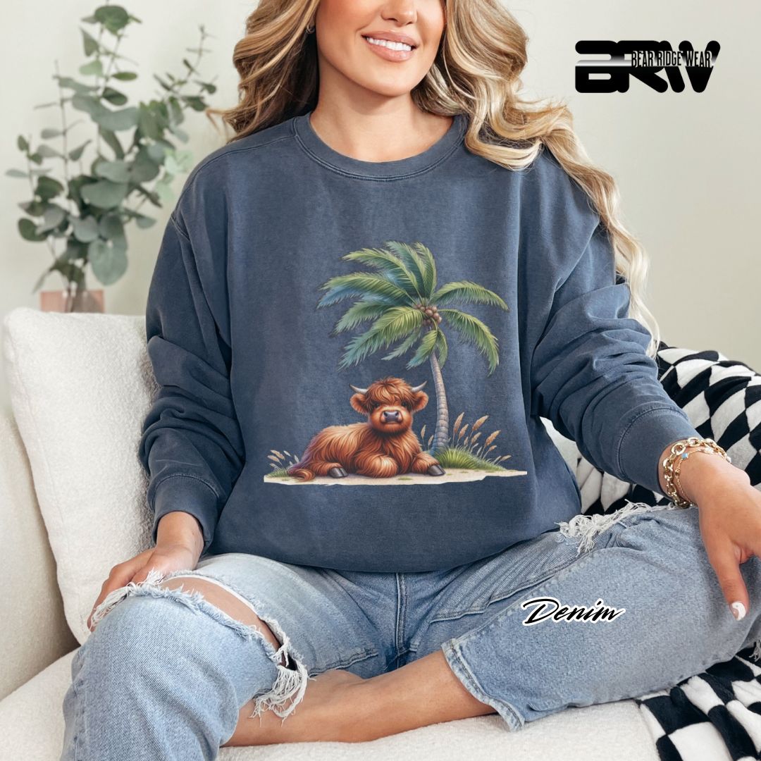 'Highland Cow-Palm Tree' Summer Long Sleeve Tee