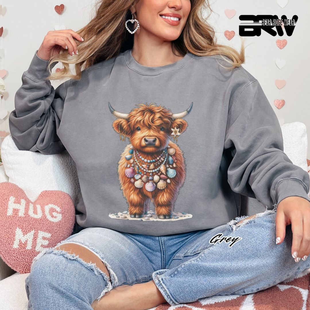 'Highland Cow-Lei-Sea Shells' Summer Long Sleeve Tee