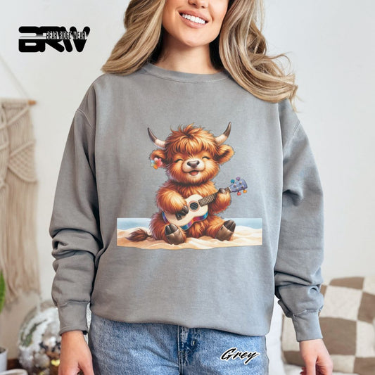 'Highland Cow-Beach-Guitar' Summer Long Sleeve Tee