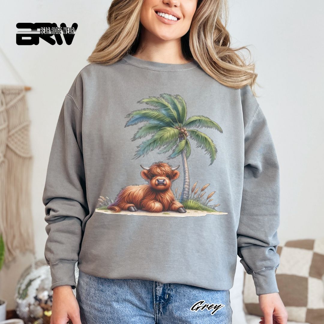 'Highland Cow-Palm Tree' Summer Long Sleeve Tee