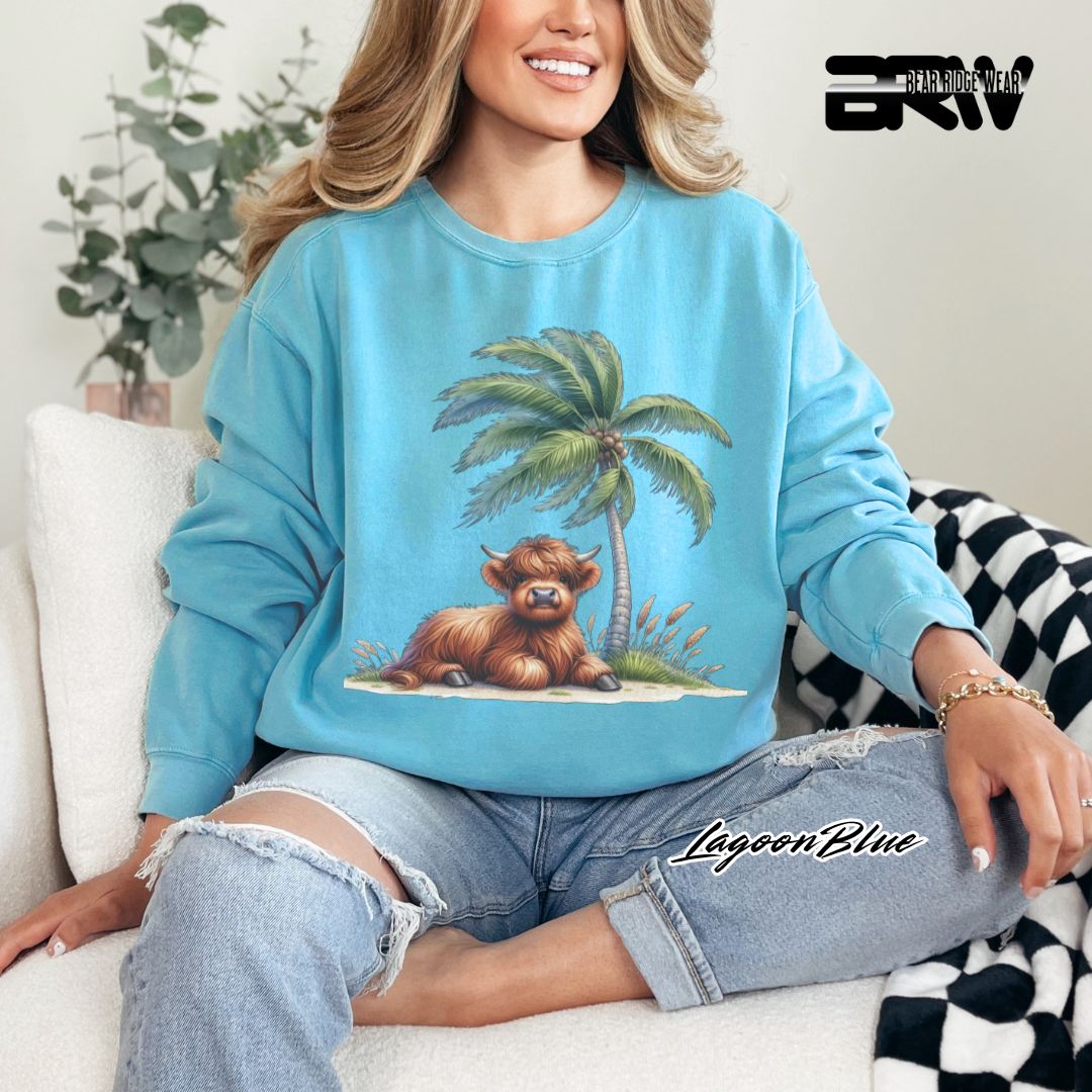 'Highland Cow-Palm Tree' Summer Long Sleeve Tee