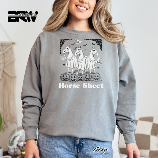 Person wearing a gray sweatshirt with a horse-themed design and 'Horse Sheet' text.