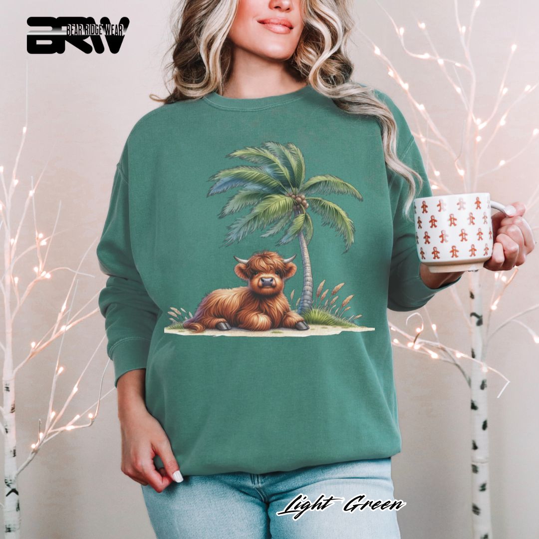 'Highland Cow-Palm Tree' Summer Long Sleeve Tee