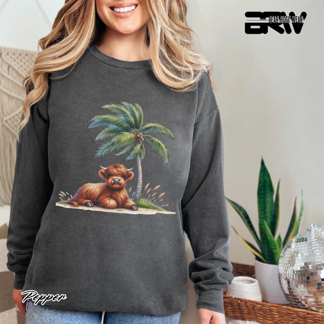 'Highland Cow-Palm Tree' Summer Long Sleeve Tee