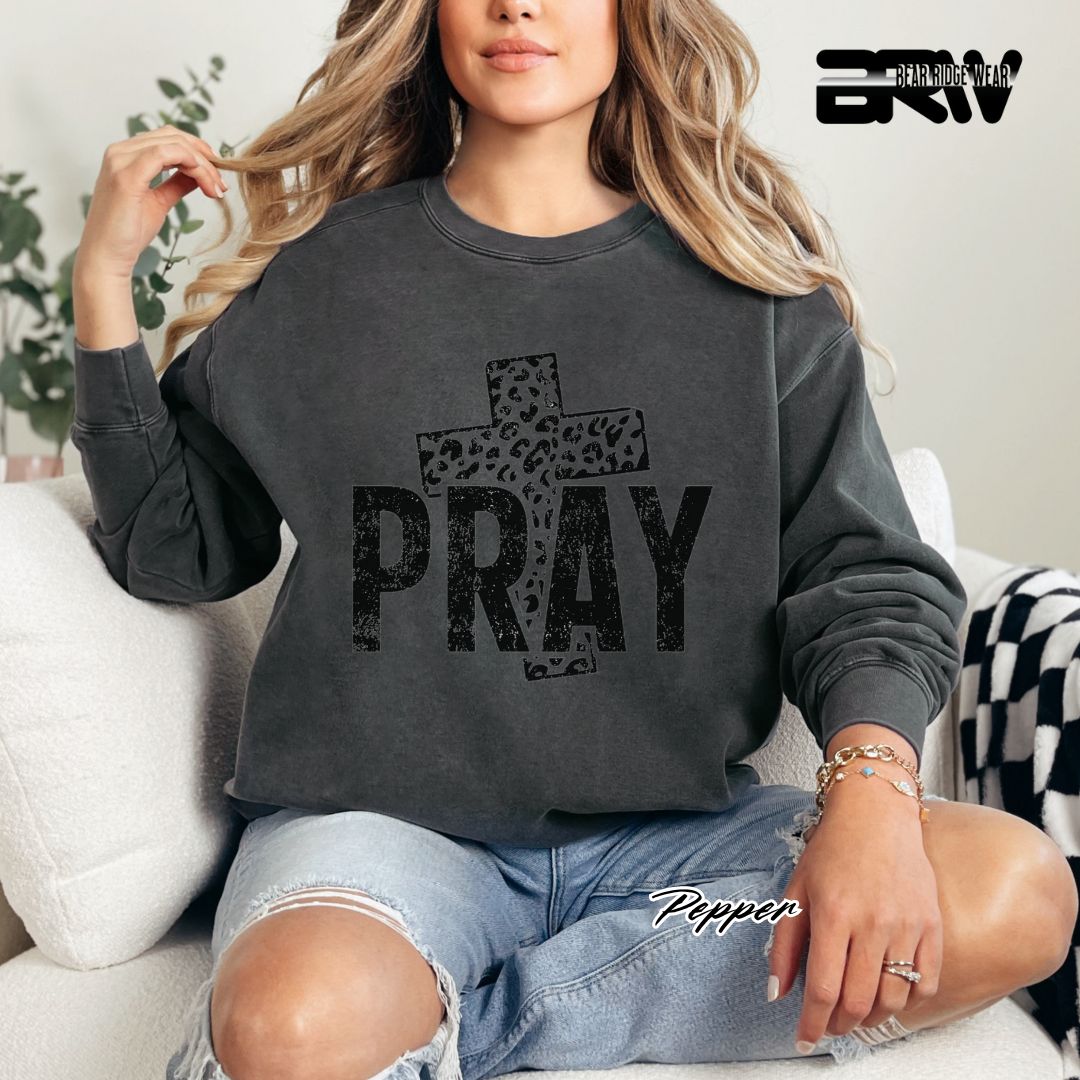 'Pray With Leopard Cross' Faith Long Sleeve Tee