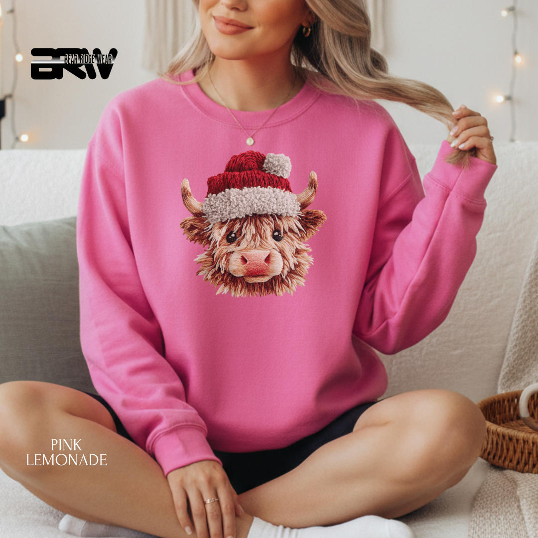 Person wearing a pink sweatshirt with a Highland cow design, sitting on a couch.