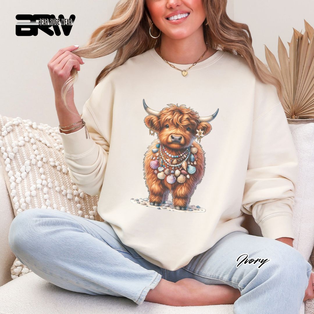 'Highland Cow-Lei-Sea Shells' Summer Long Sleeve Tee