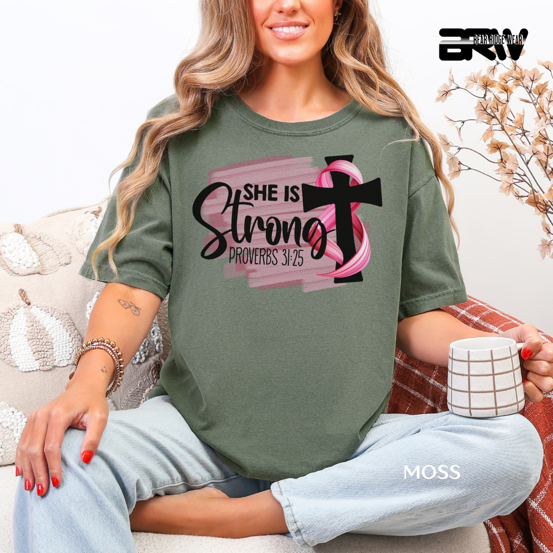 'Breast Cancer She is Strong Proverbs 31:25' Awareness Tee