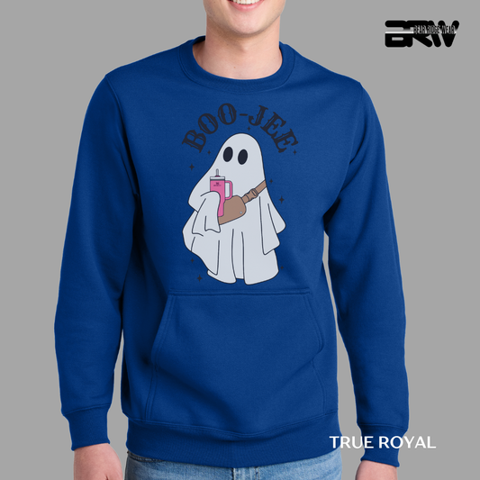 Blue sweatshirt with ghost graphic and 'BOO-JEE' text on a gray background