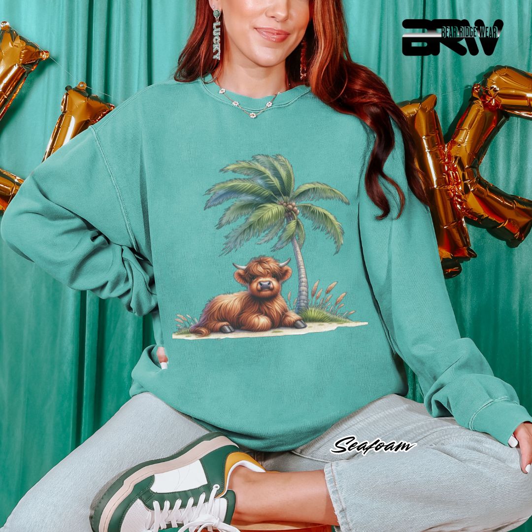 'Highland Cow-Palm Tree' Summer Long Sleeve Tee