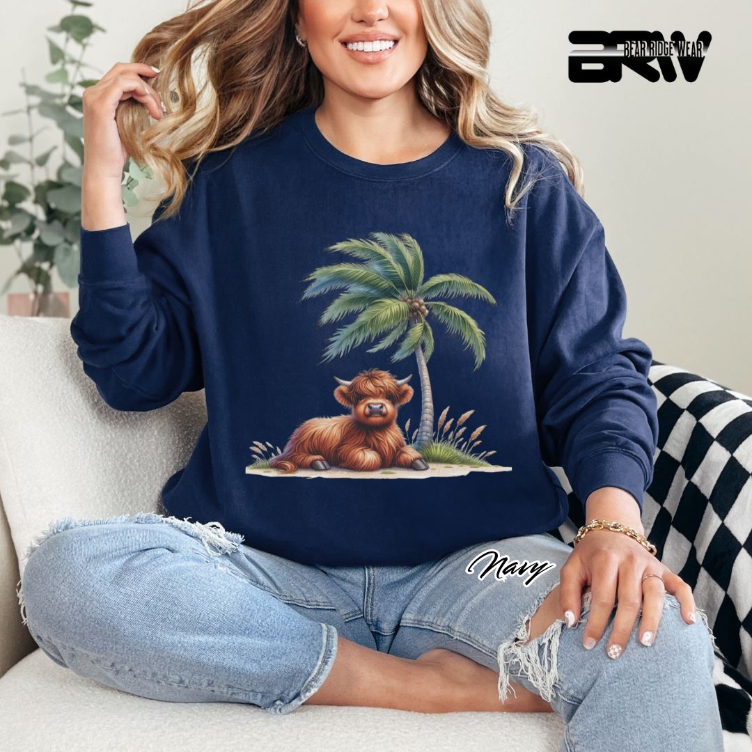 'Highland Cow-Palm Tree' Summer Long Sleeve Tee