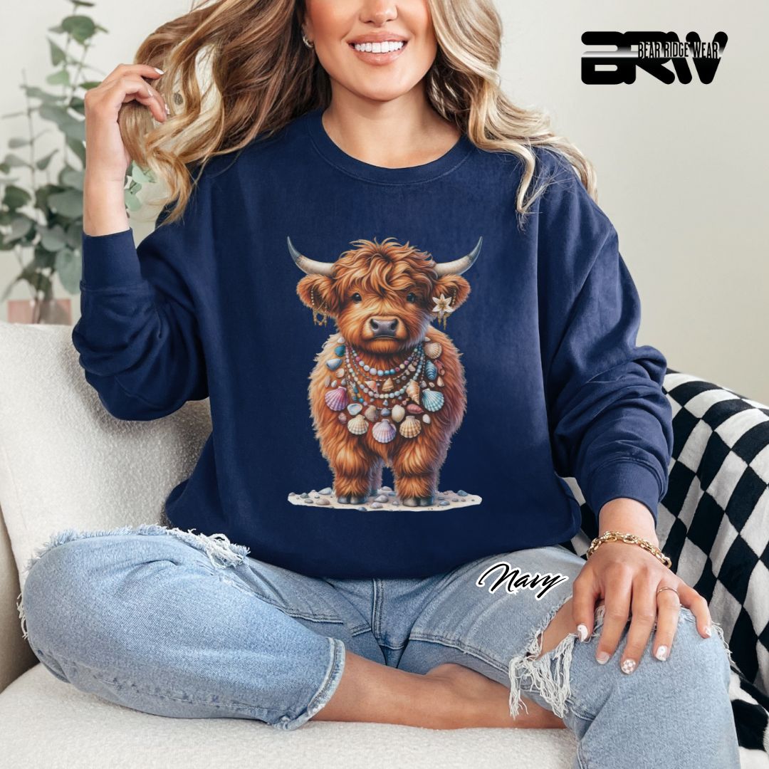 'Highland Cow-Lei-Sea Shells' Summer Long Sleeve Tee