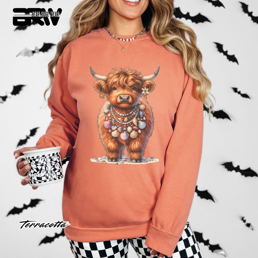 'Highland Cow-Lei-Sea Shells' Summer Long Sleeve Tee