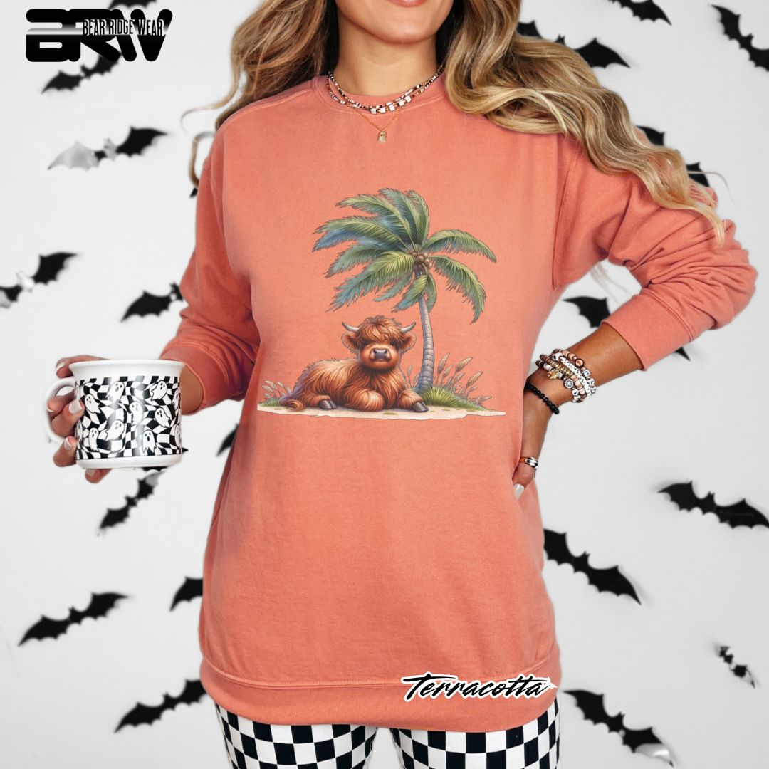 'Highland Cow-Palm Tree' Summer Long Sleeve Tee