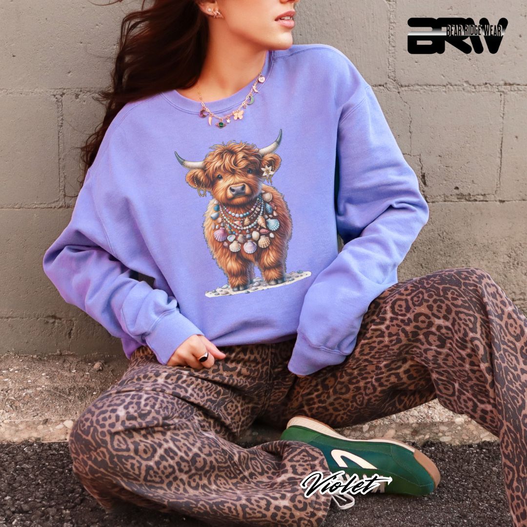 'Highland Cow-Lei-Sea Shells' Summer Long Sleeve Tee