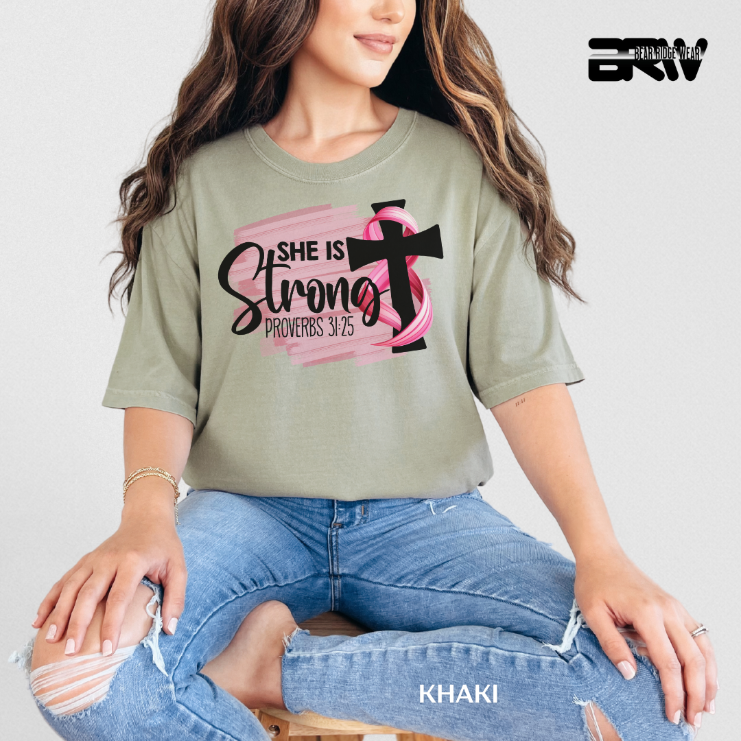 'Breast Cancer She is Strong Proverbs 31:25' Awareness Tee