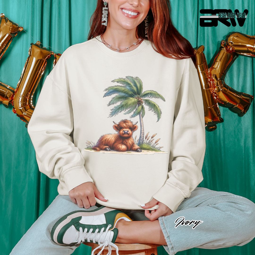 'Highland Cow-Palm Tree' Summer Long Sleeve Tee