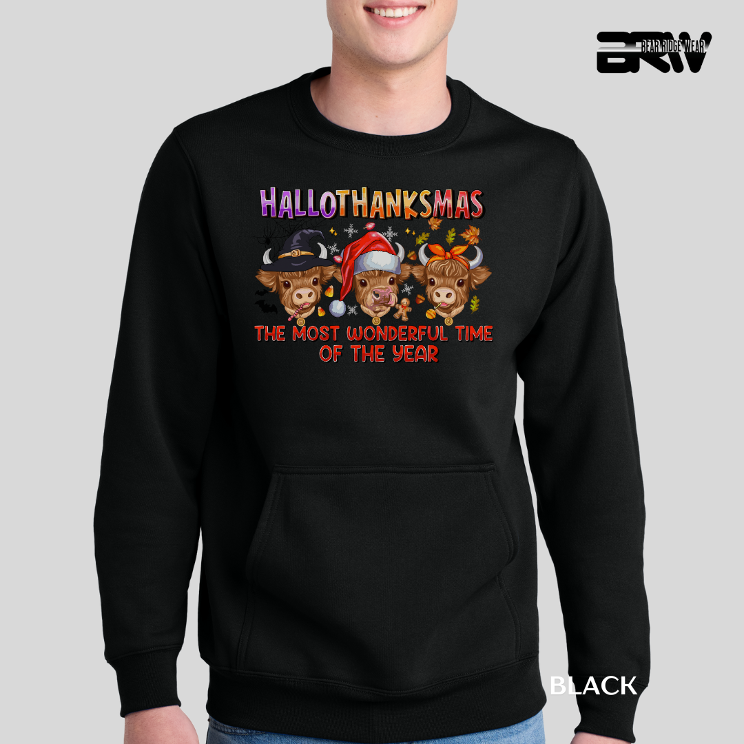 'Hallothanksmas cow' Kangaroo Pocket Fall Crewneck
