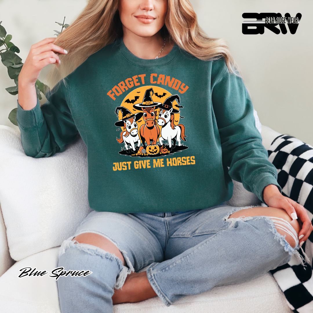 Person wearing a green sweatshirt with a horse-themed design, sitting on a couch.