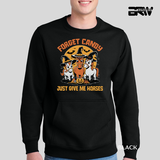 Black sweatshirt with Halloween-themed design featuring horses and text on a gray background.