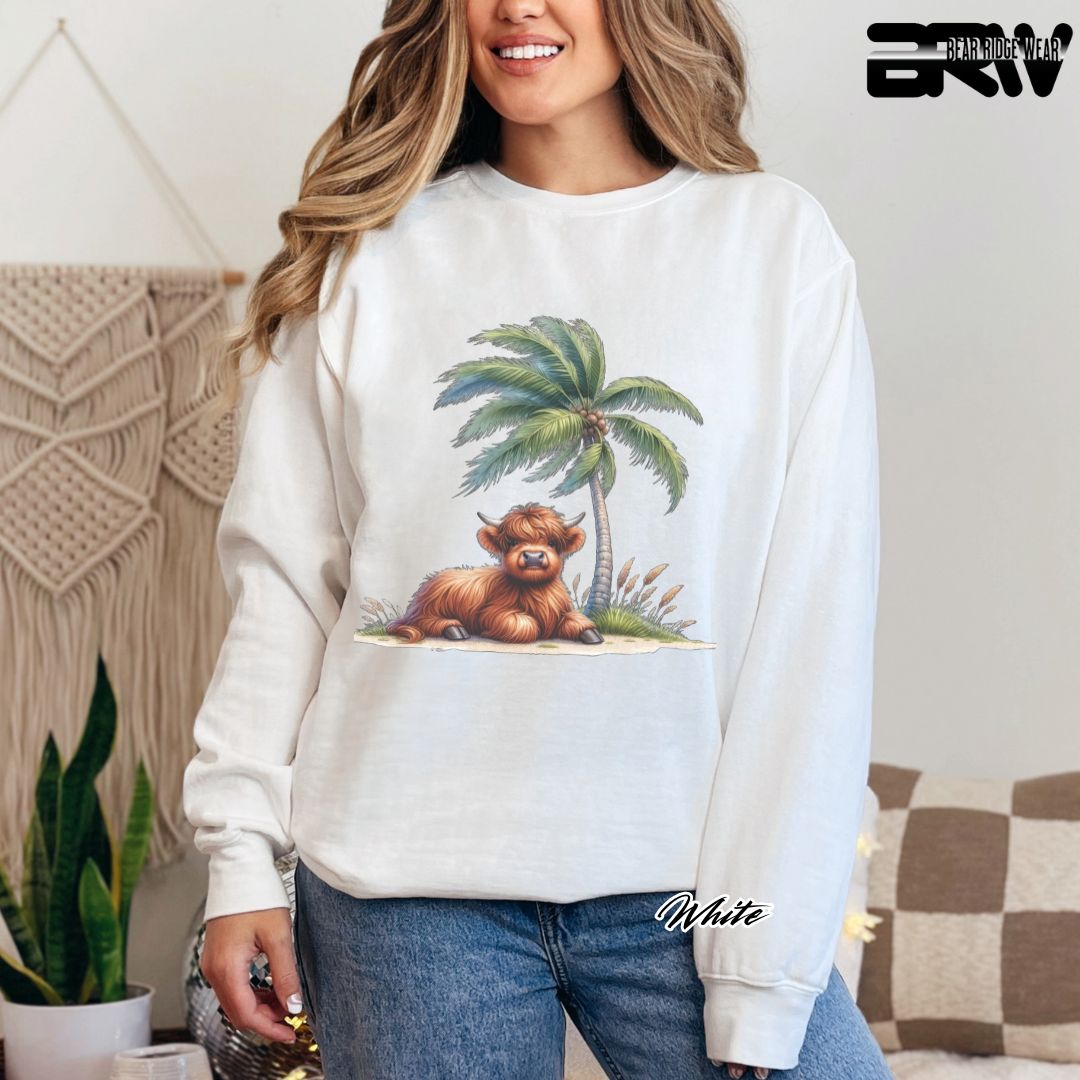 'Highland Cow-Palm Tree' Summer Long Sleeve Tee