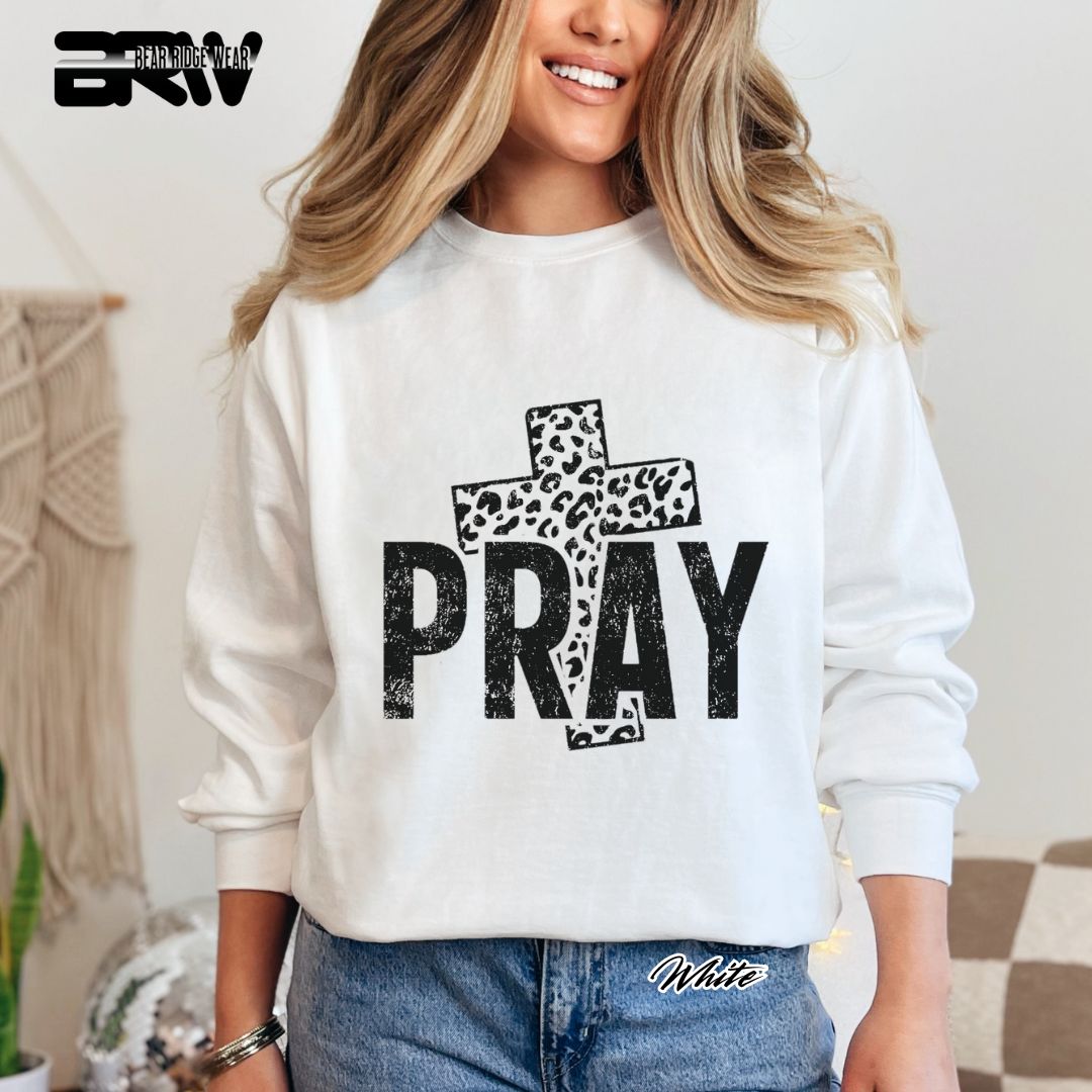 'Pray With Leopard Cross' Faith Long Sleeve Tee